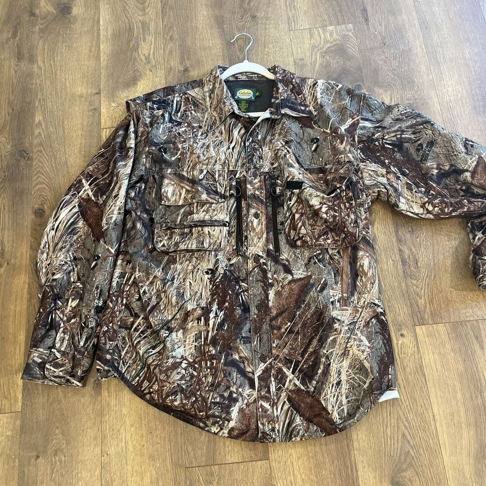 Cabelas Shirt Mens XL Camo Green Button Up Mossy Oak Hunting Heavy Weight